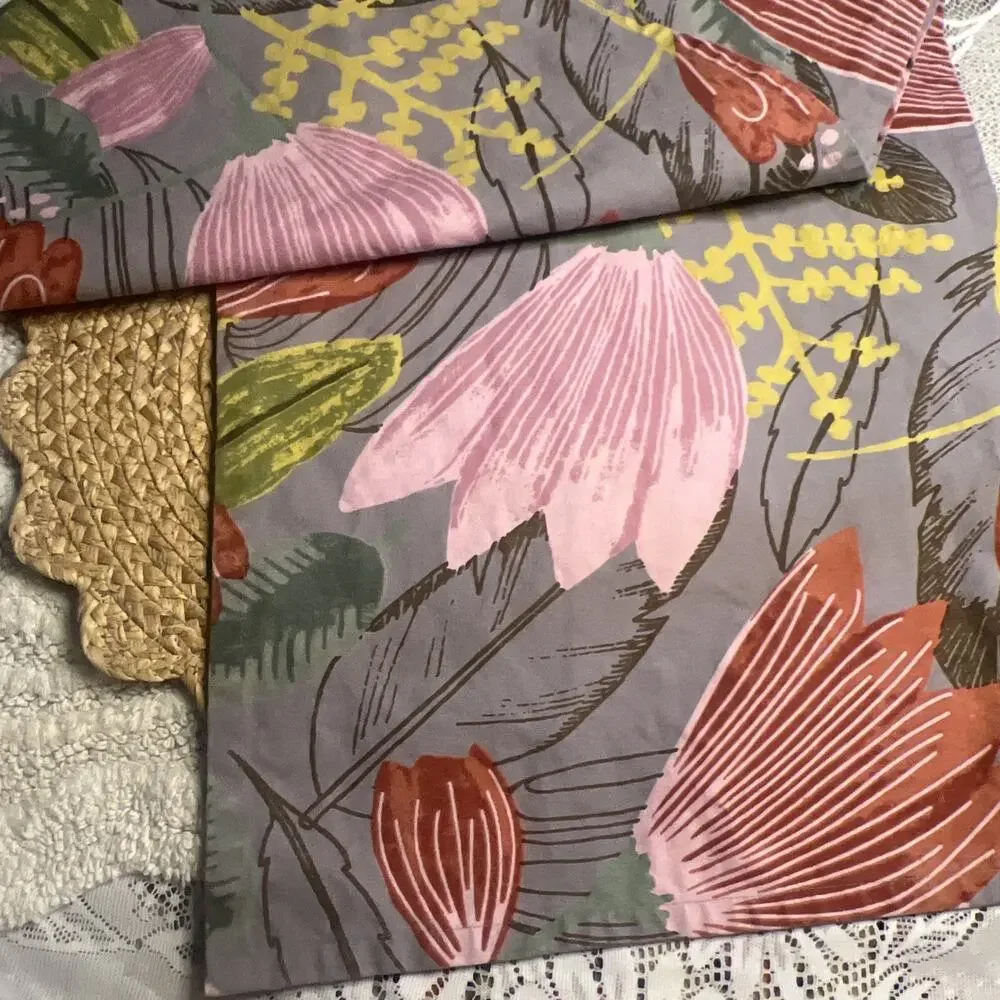 World Market Table Runner Pink Flowers Floral Gray Cotton Dining Room 16” x 90”
